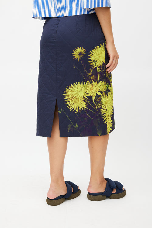 Dries Van Noten Navy 
Yellow Floral Quilted Skirt