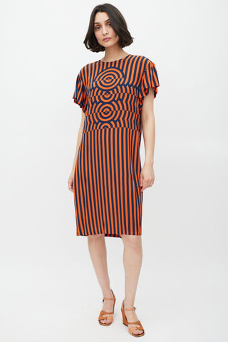 Dries Van Noten Orange 
Navy Silk Geometric Striped Dress