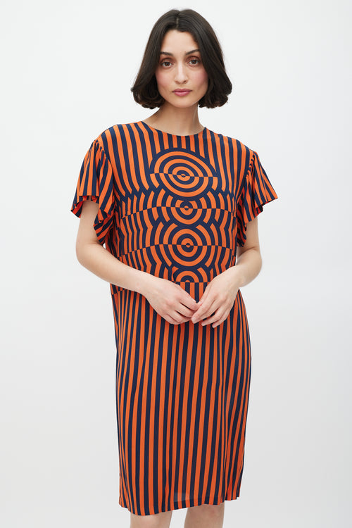 Dries Van Noten Orange 
Navy Silk Geometric Striped Dress