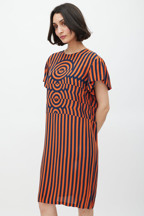 Dries Van Noten Orange 
Navy Silk Geometric Striped Dress