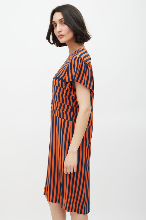 Dries Van Noten Orange 
Navy Silk Geometric Striped Dress