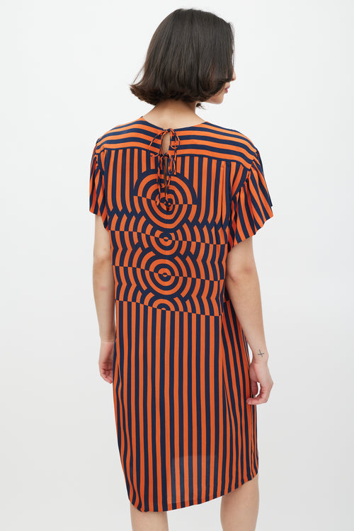 Dries Van Noten Orange 
Navy Silk Geometric Striped Dress