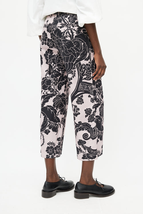 Dries Van Noten Pink 
Black Cropped Floral Trouser