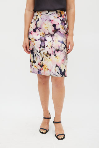 Dries Van Noten Pink 
Multicolour Silk Floral Pencil Skirt