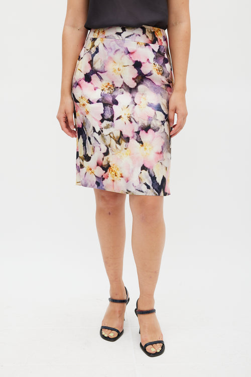 Dries Van Noten Pink 
Multicolour Silk Floral Pencil Skirt