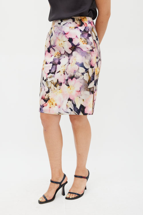 Dries Van Noten Pink 
Multicolour Silk Floral Pencil Skirt