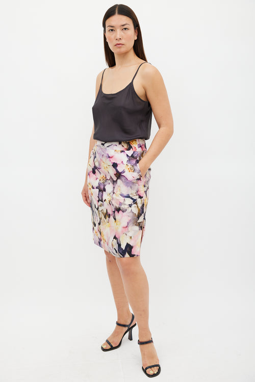 Dries Van Noten Pink 
Multicolour Silk Floral Pencil Skirt