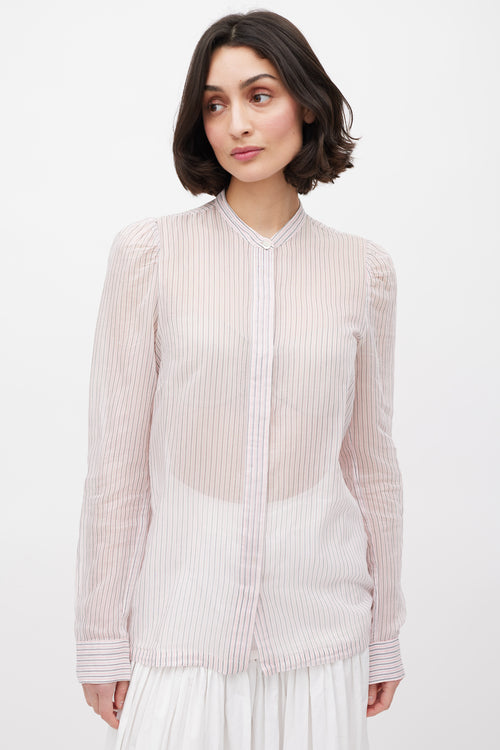 Dries Van Noten Pink Grey 
White Striped Sheer Shirt