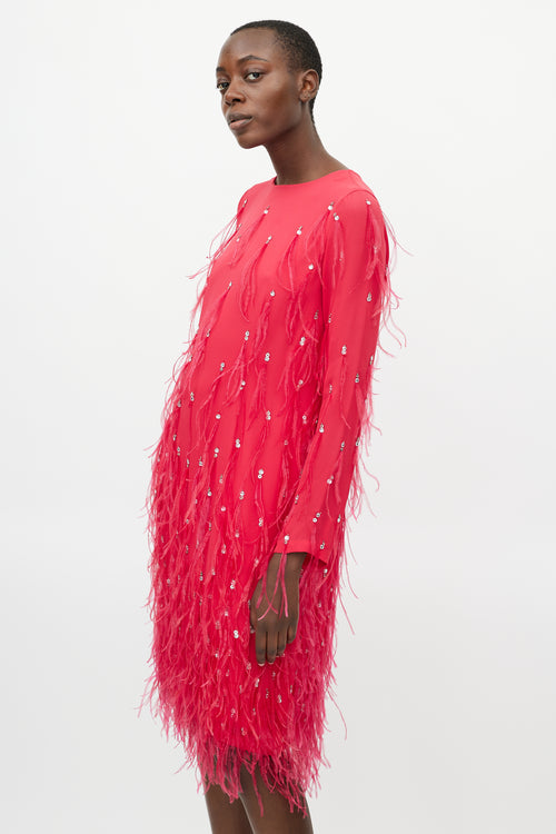 Dries Van Noten Pink Silk Jewel Feather Dress