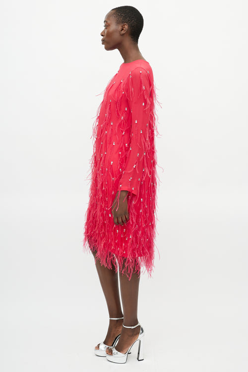 Dries Van Noten Pink Silk Jewel Feather Dress