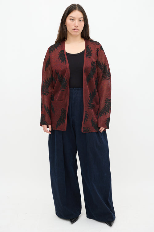 Dries Van Noten Red 
Black Knit Metallic Floral Cardigan