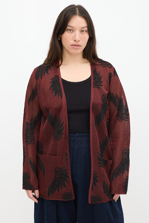 Dries Van Noten Red 
Black Knit Metallic Floral Cardigan