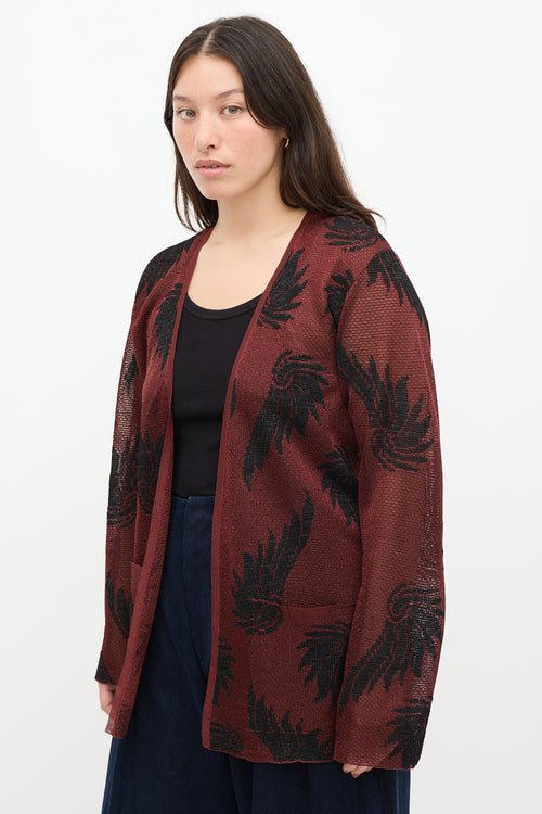 Dries Van Noten Red 
Black Knit Metallic Floral Cardigan