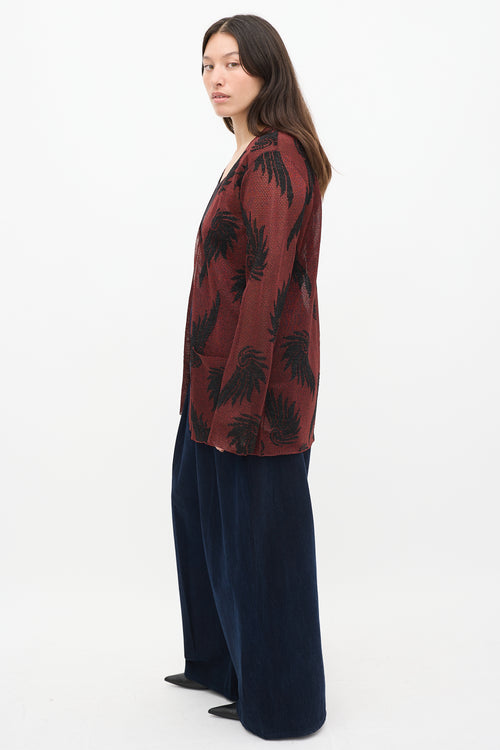 Dries Van Noten Red 
Black Knit Metallic Floral Cardigan