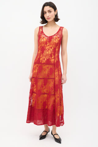 Dries Van Noten Red 
Orange Floral Lace Overlay Dress