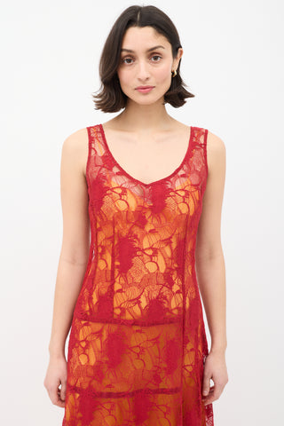 Dries Van Noten Red 
Orange Floral Lace Overlay Dress