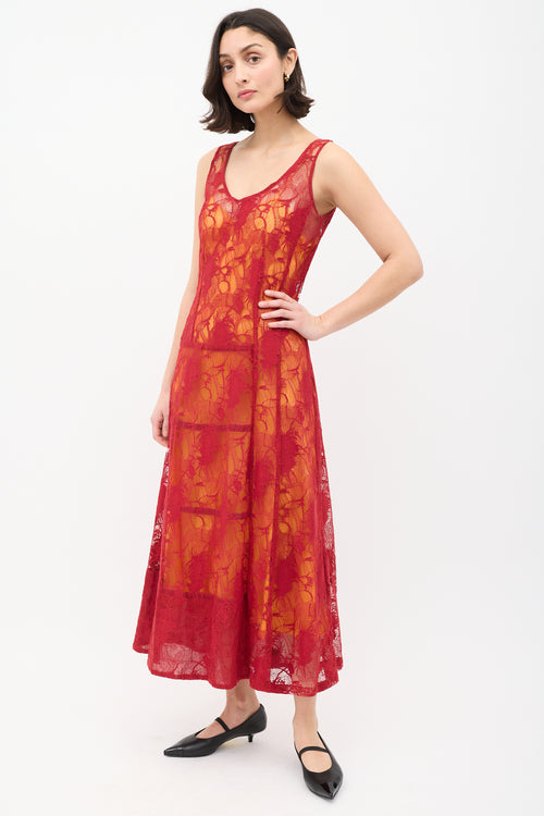 Dries Van Noten Red 
Orange Floral Lace Overlay Dress