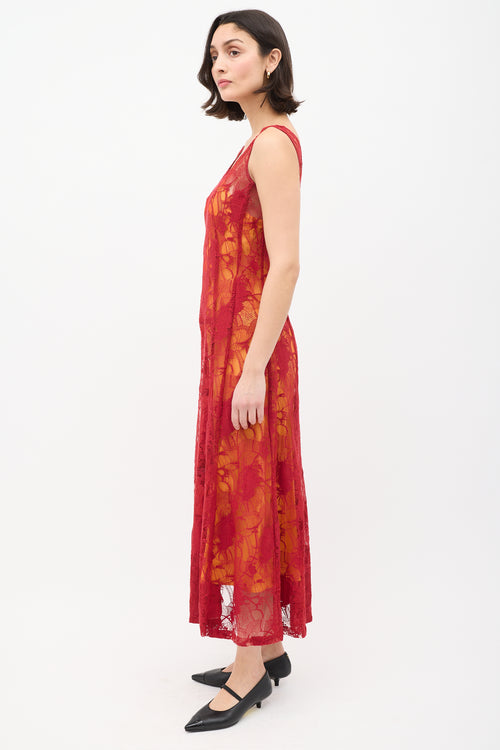 Dries Van Noten Red 
Orange Floral Lace Overlay Dress