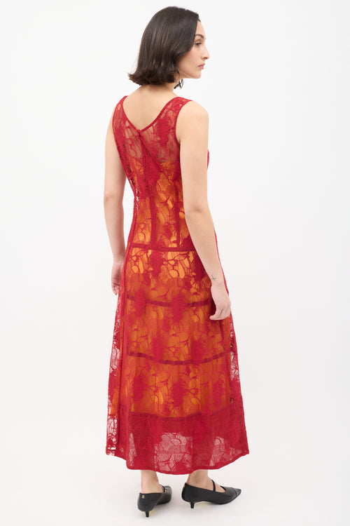 Dries Van Noten Red 
Orange Floral Lace Overlay Dress