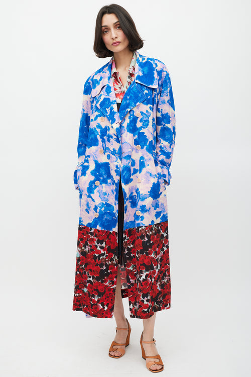 Dries Van Noten SS 2023 Blue 
Multicolour Mixed Floral Trench Coat