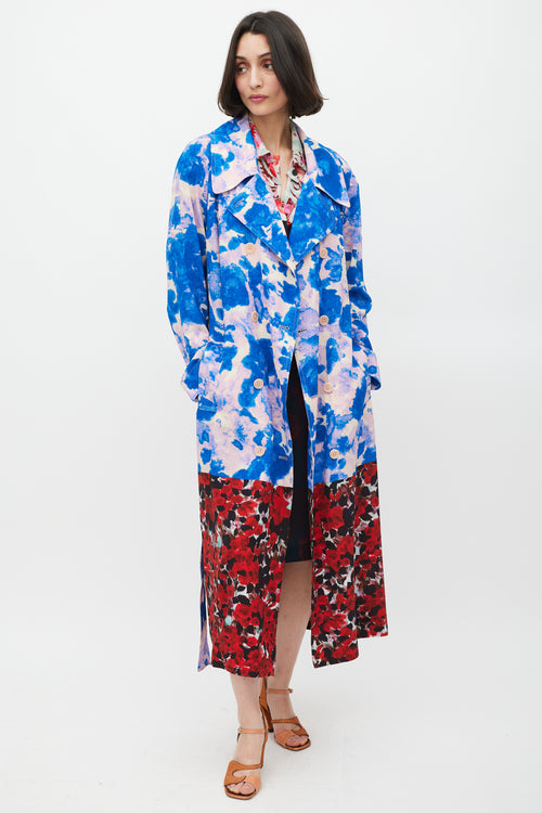 Dries Van Noten SS 2023 Blue 
Multicolour Mixed Floral Trench Coat