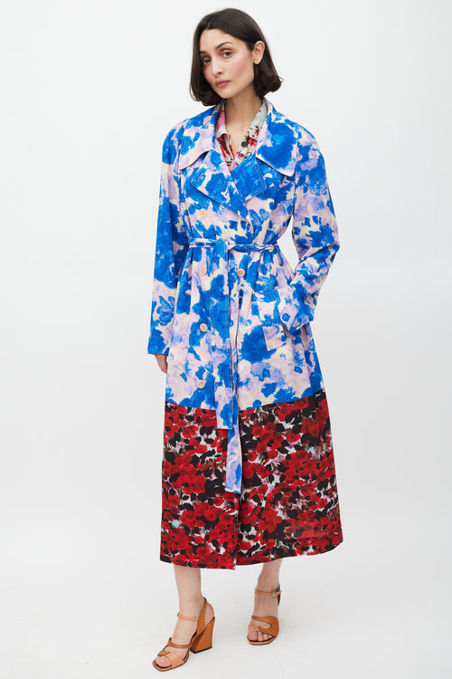 Dries Van Noten SS 2023 Blue 
Multicolour Mixed Floral Trench Coat