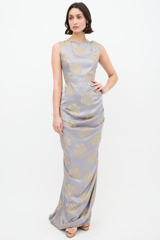 Dries Van Noten Silver 
Gold Satin Danama Embroidered Gown