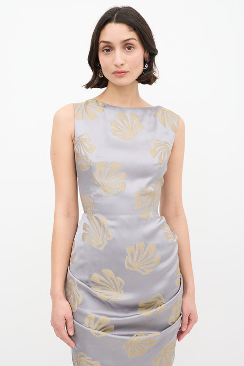 Dries Van Noten Silver 
Gold Satin Danama Embroidered Gown