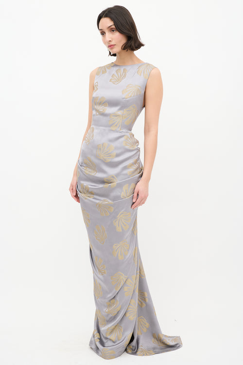 Dries Van Noten Silver 
Gold Satin Danama Embroidered Gown