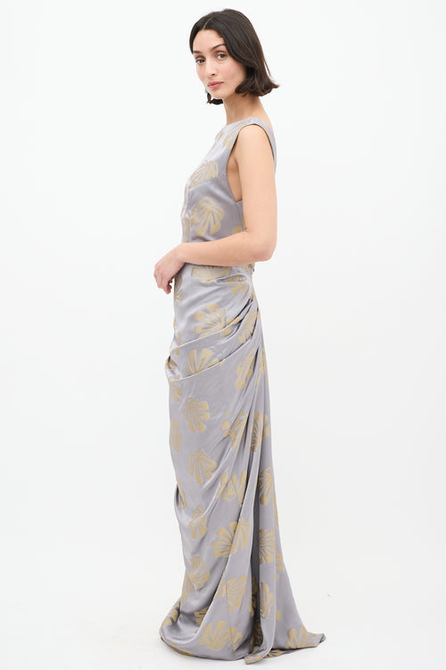 Dries Van Noten Silver 
Gold Satin Danama Embroidered Gown