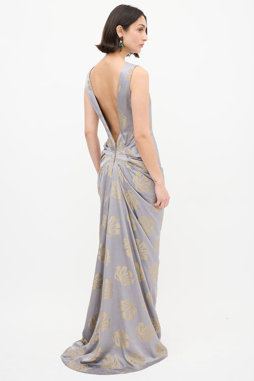 Dries Van Noten Silver 
Gold Satin Danama Embroidered Gown