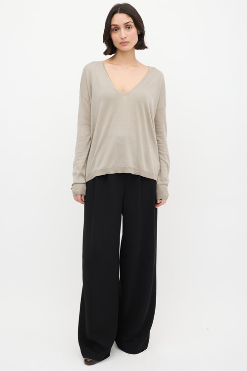 Dries Van Noten Taupe Silk 
Cotton V-Neck Sweater