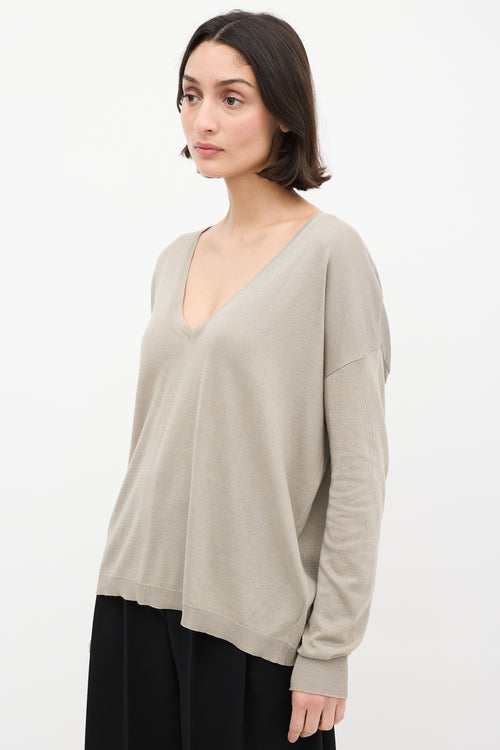 Dries Van Noten Taupe Silk 
Cotton V-Neck Sweater