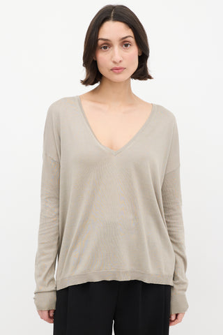 Dries Van Noten Taupe Silk 
Cotton V-Neck Sweater