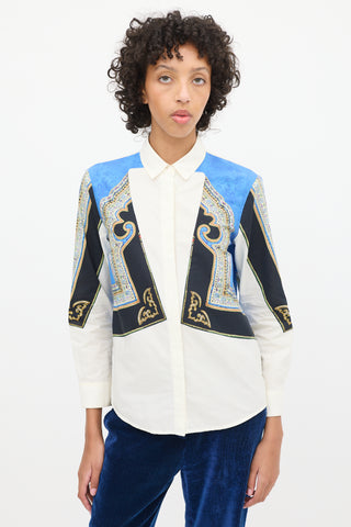 Dries Van Noten White 
Blue Cotton Ornate Printed Shirt