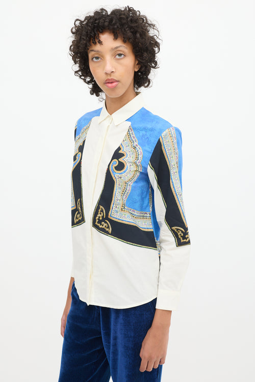 Dries Van Noten White 
Blue Cotton Ornate Printed Shirt