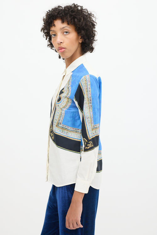 Dries Van Noten White 
Blue Cotton Ornate Printed Shirt