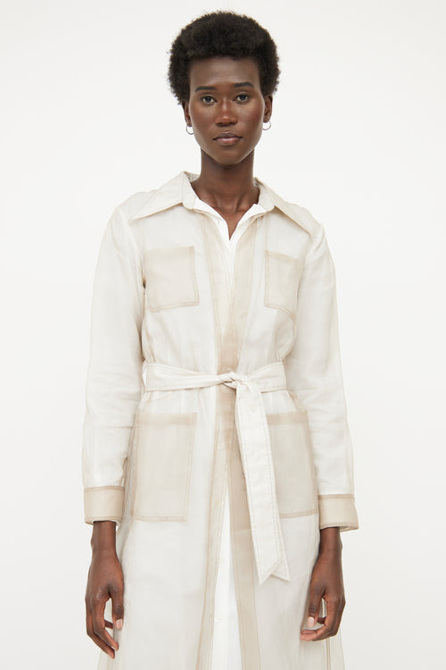 Dries Van Noten White 
Beige Silk Organza Shirt Dress