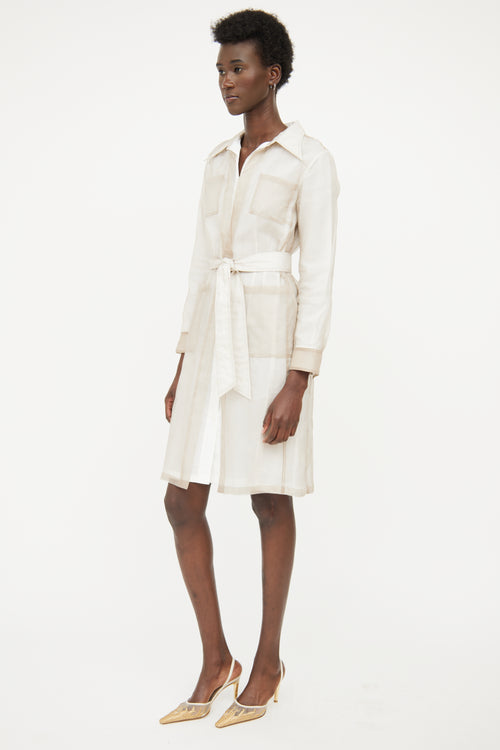 Dries Van Noten White 
Beige Silk Organza Shirt Dress