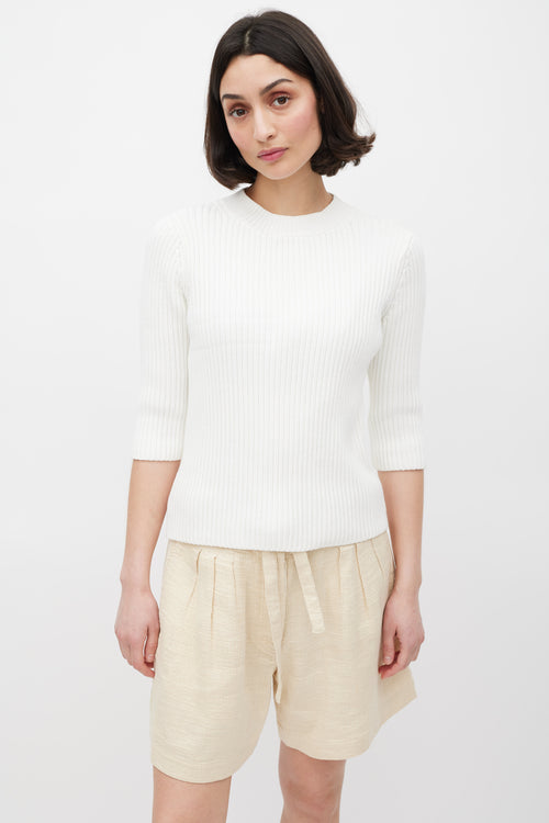 Dries Van Noten White Ribbed Three Quarter Sleeve Top