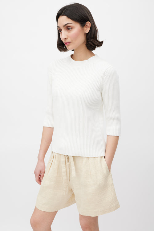 Dries Van Noten White Ribbed Three Quarter Sleeve Top