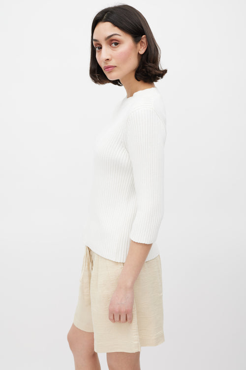 Dries Van Noten White Ribbed Three Quarter Sleeve Top