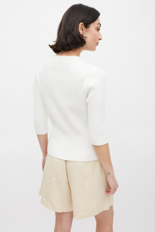 Dries Van Noten White Ribbed Three Quarter Sleeve Top