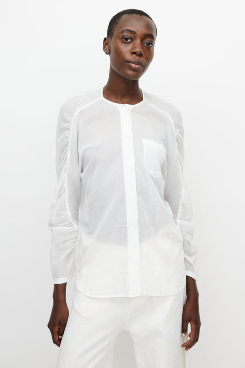 Dries Van Noten White Sheer Ruched Sleeve Shirt