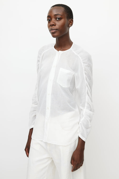 Dries Van Noten White Sheer Ruched Sleeve Shirt