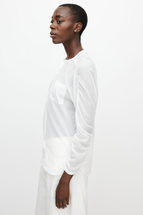 Dries Van Noten White Sheer Ruched Sleeve Shirt