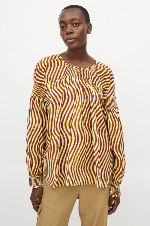 Dries Van Noten X Len Lye Yellow 
Brown Striped Ruched Top