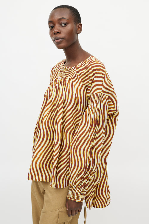 Dries Van Noten X Len Lye Yellow 
Brown Striped Ruched Top