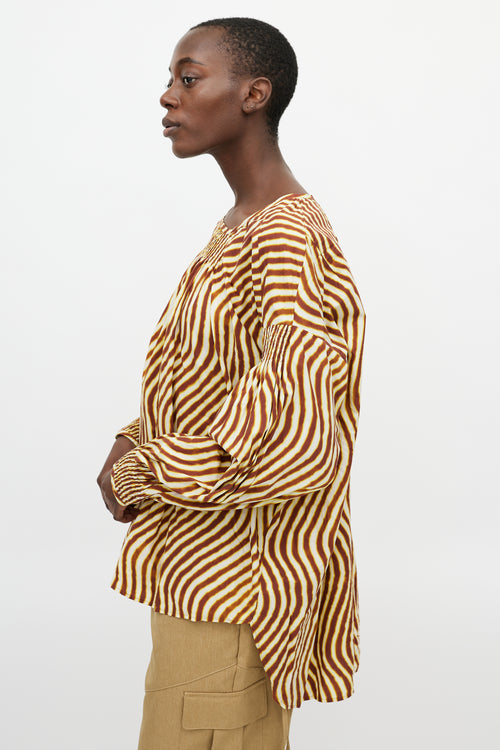 Dries Van Noten X Len Lye Yellow 
Brown Striped Ruched Top