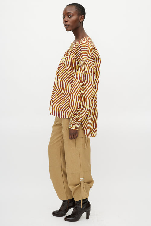 Dries Van Noten X Len Lye Yellow 
Brown Striped Ruched Top